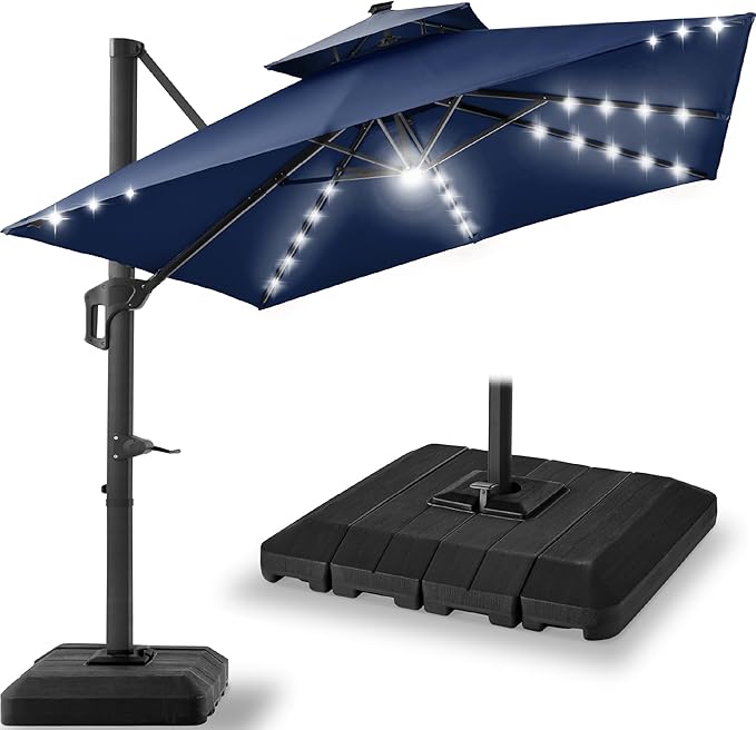 Best Choice Products 9x12ft LED Cantilever Patio Umbrella w/Base Included & 360° Rotation, Large Solar Offset Hanging Outdoor Sun Shade for Deck, Backyard Table w/Stand & Lights – Navy Blue