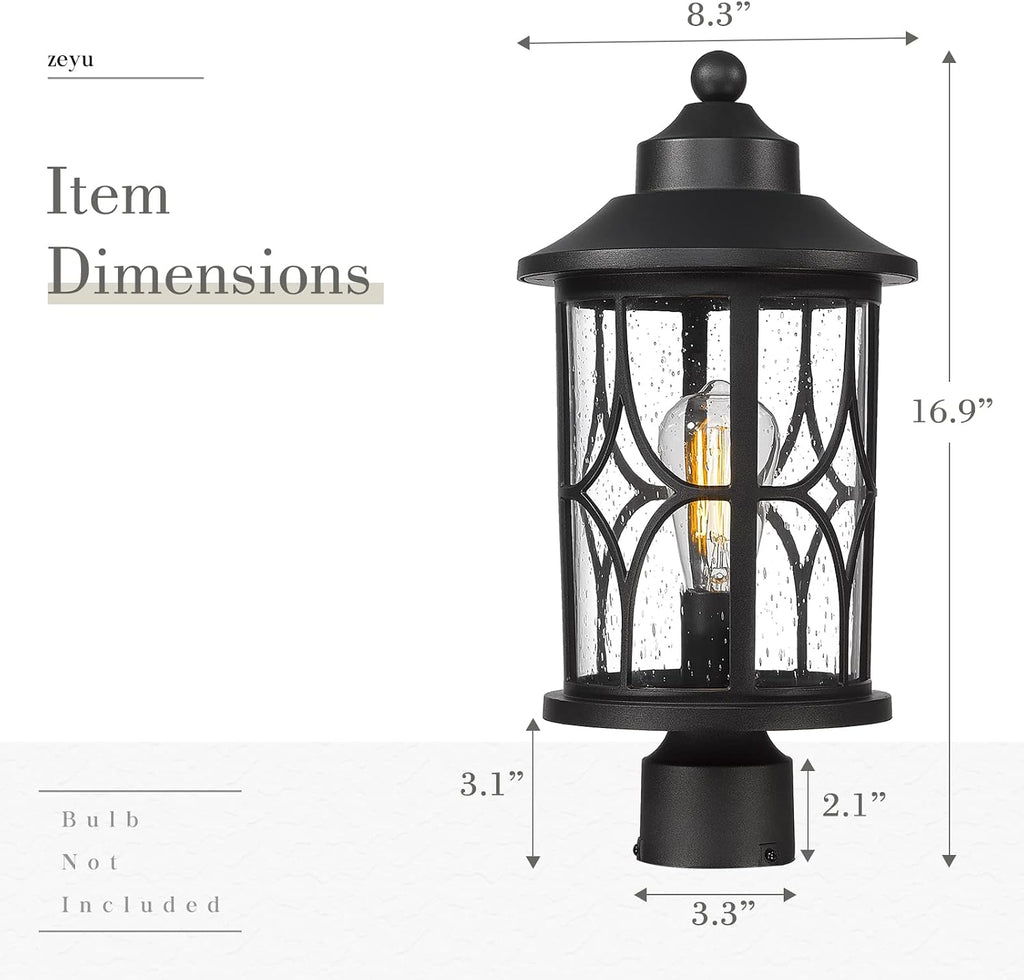 zeyu Farmhouse Exterior Post Light Fixture, 17 Inch Modern Outdoor Pole Light for House Patio Yard, Die-Cast Aluminum with Seeded Glass Shade, Black Finish, ZX48MP BK