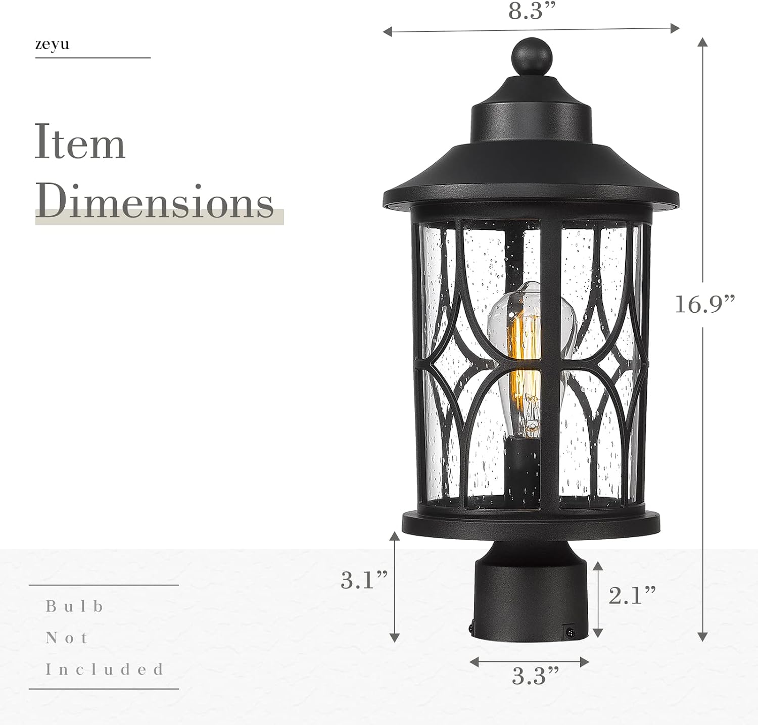 zeyu Farmhouse Exterior Post Light Fixture, 17 Inch Modern Outdoor Pole Light for House Patio Yard, Die-Cast Aluminum with Seeded Glass Shade, Black Finish, ZX48MP BK