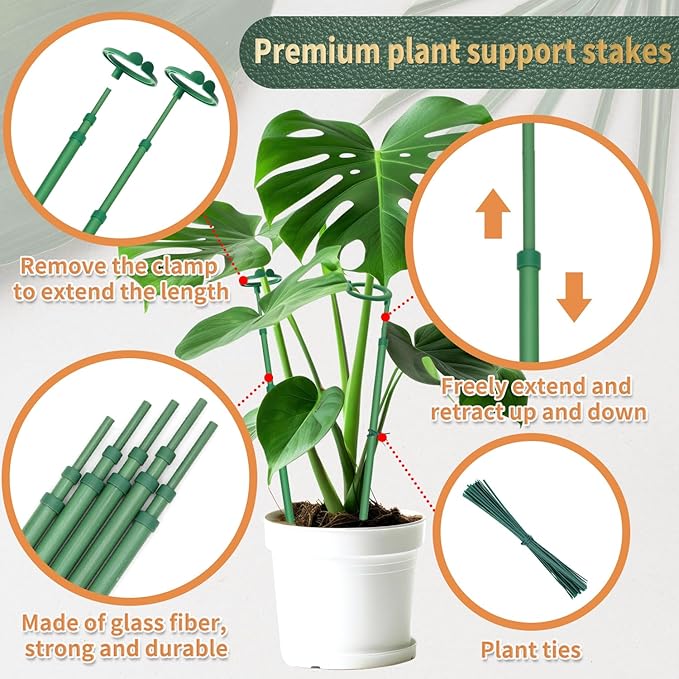 Telescoping Plant Stakes,5Pcs 17.9In to 42.3In Adjustable Monstera Plant Support Orchid Sticks with Clips, Plant Sticks Support Tall for Monstera,Orchids,Tomatoes,Vines & Indoor Outdoor Plants