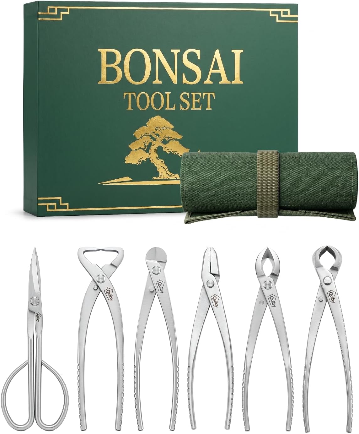 6-piece bonsai tools set with tool roll bag, main product view
