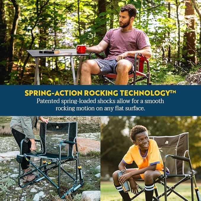 GCI Outdoor Freestyle Rocker Camping Chair | Portable Folding Rocking Chair with Solid, Durable Armrests, Drink Holder & Comfortable Backrest — Indigo Blue