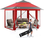 CROWN SHADES 12x12 Pop Up Gazebo with Mosquito Nettings, Patented Center Lock 6-Sided Portable Gazebo, 300D Silver-Coated Fabric UV Resistant, Pop Up Canopy Tent for Patio, Party, Red&Grey