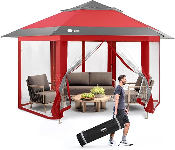 CROWN SHADES 12x12 Pop Up Gazebo with Mosquito Nettings, Patented Center Lock 6-Sided Portable Gazebo, 300D Silver-Coated Fabric UV Resistant, Pop Up Canopy Tent for Patio, Party, Red&Grey