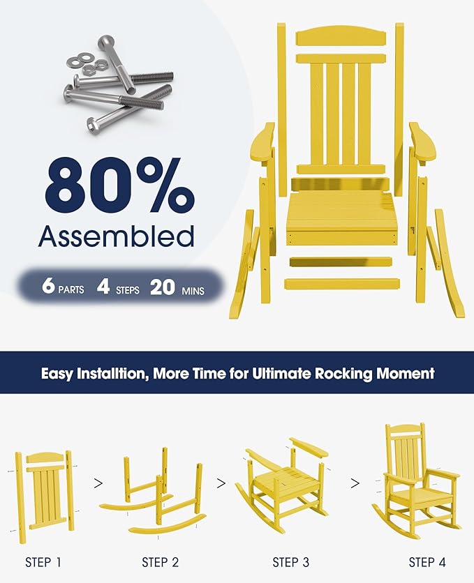 KINGYES HDPE Rocking Chairs Outdoor, Patio Rocking Chairs with 330lbs Support, Smooth Porch Rocker for Deck Lawn Yard, Yellow