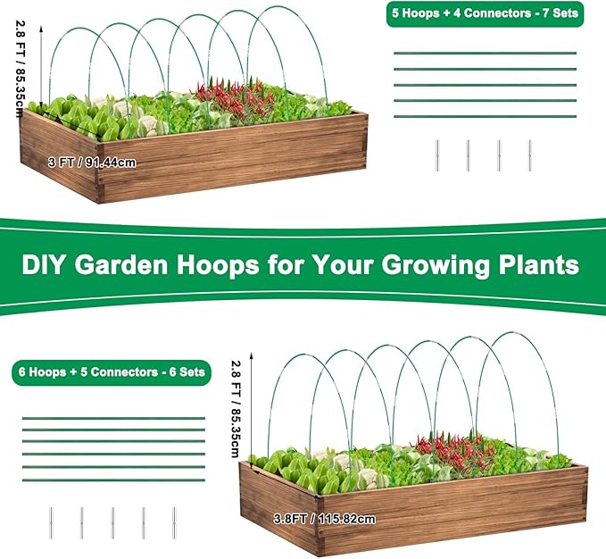 Greenhouse Hoops Grow Tunnel, 10 Sets of 8FT Long Garden Hoops for Raised Beds, Rust-Free Fiberglass Support Hoops Frame for Garden Netting, DIY Plant Support Garden Stakes for Row Cover, 60 Pcs