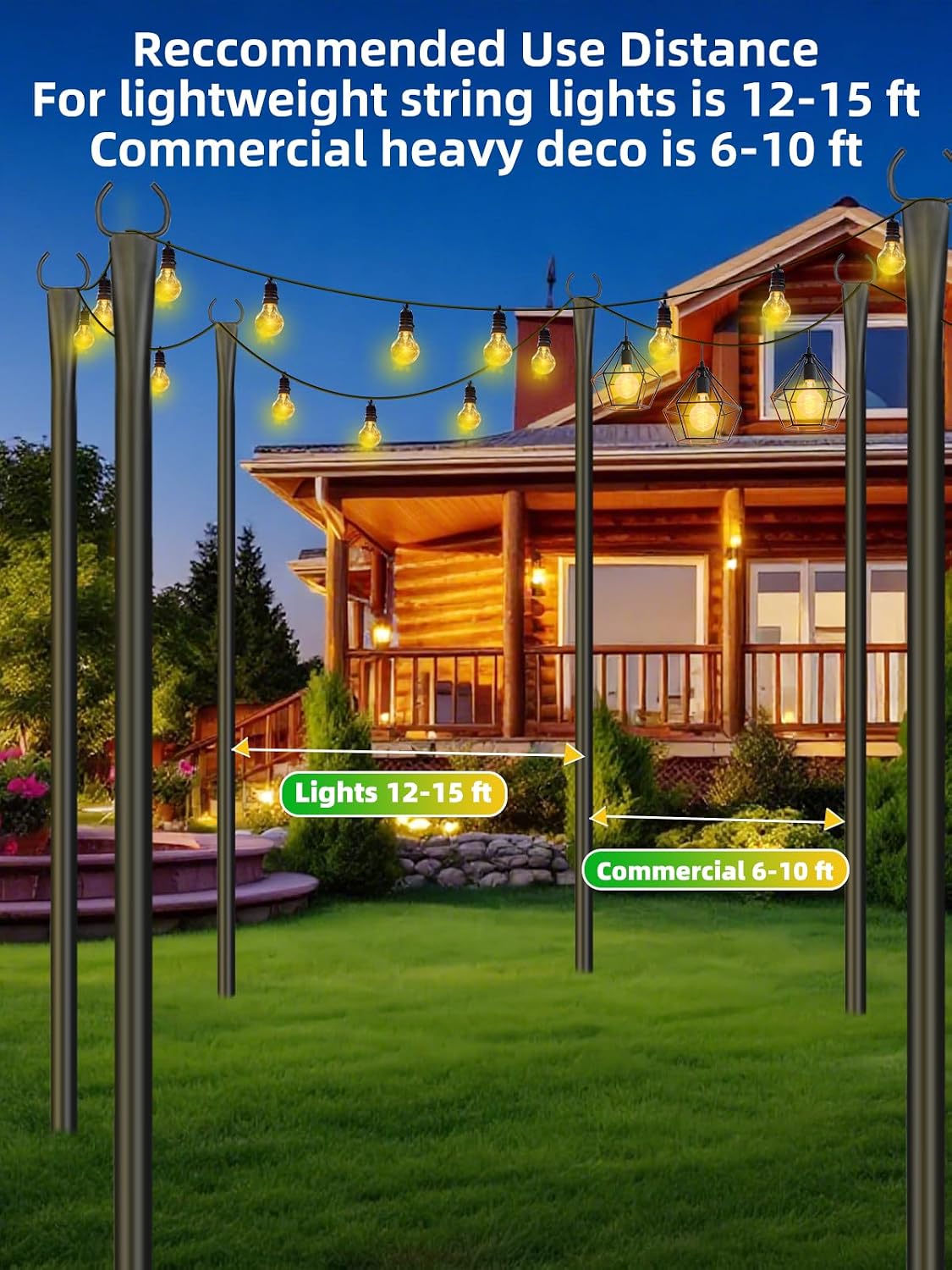 String Light Poles for Outside, 6 Pack 10 ft Adjustable Light Poles | Heavy Duty, Weather Resistant, 5 Prong Stable Base, Ground & Fence Mount, Fence Clips Included, For Patio Garden Porch Decor