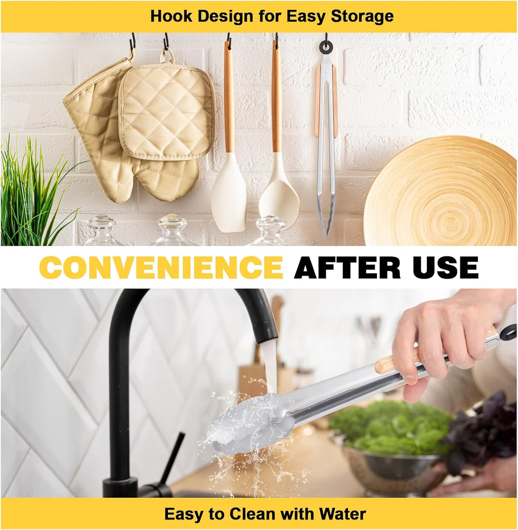 Premium Metal Kitchen Tongs for Cooking - Heat Resistant 1100°F Stainless Steel Tongs with Comfortable Wooden Grips - Perfect for Grill, Salad, Toaster, Cooking, and Serving Food (12-inch)