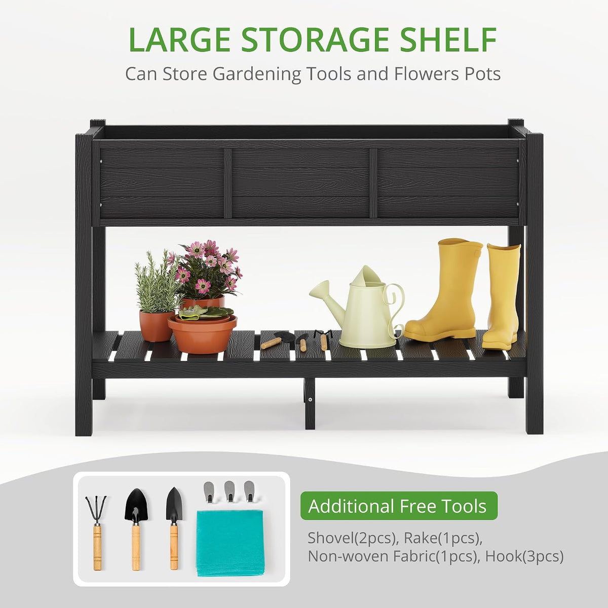 lue bona raised garden bed with tools, 45*18*29 showing dimensions