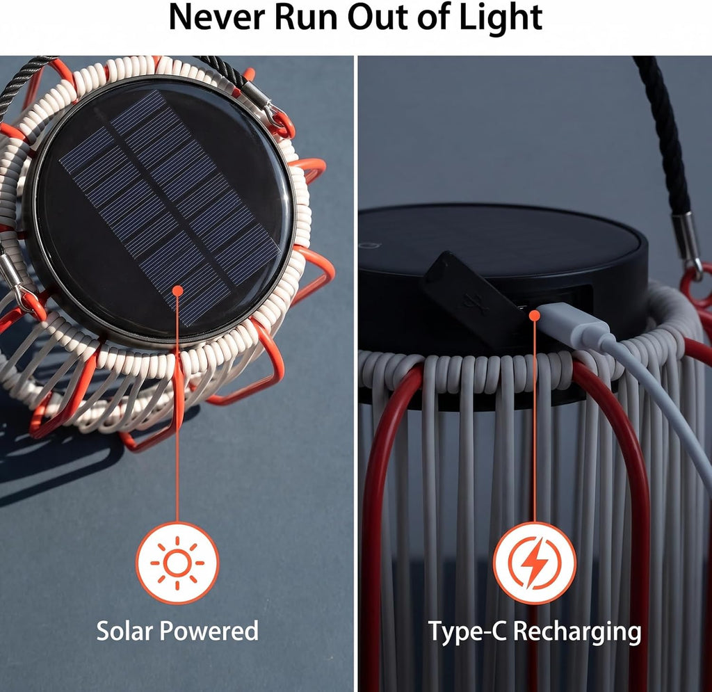 Outdoor Solar Lantern for Patio Waterproof, Rechargeable Table Lamp | IP54, 3000mAh 30H+ Runtime, USB-C & Solar Charging, Boho, Iron-frame, 3 Brightness Level