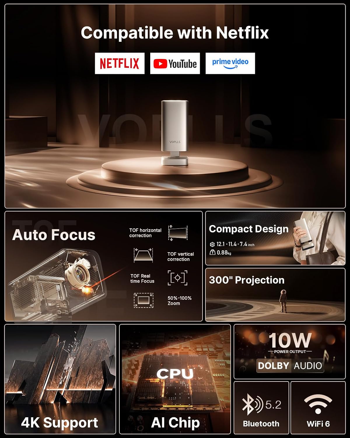 [Compatible with Netflix & TOF Real-time Focus] Mini Projector with WiFi and Bluetooth, XuanPad Gold Smart Projector 4K Support, Dolby Audio & Keystone for Home Presentation Boards, Display Booths
