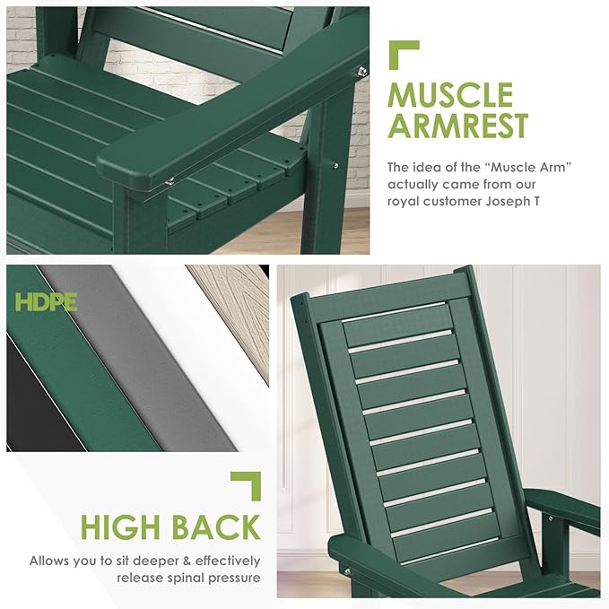 GREENVINES Outdoor Rocking Chairs | Set of 4 | Porch Rocker | HDPE Plastic | Forest | Oversized Rockers | High Back | Big & Tall | Ladder Back | for Patio Outside Backyard Balcony Garden