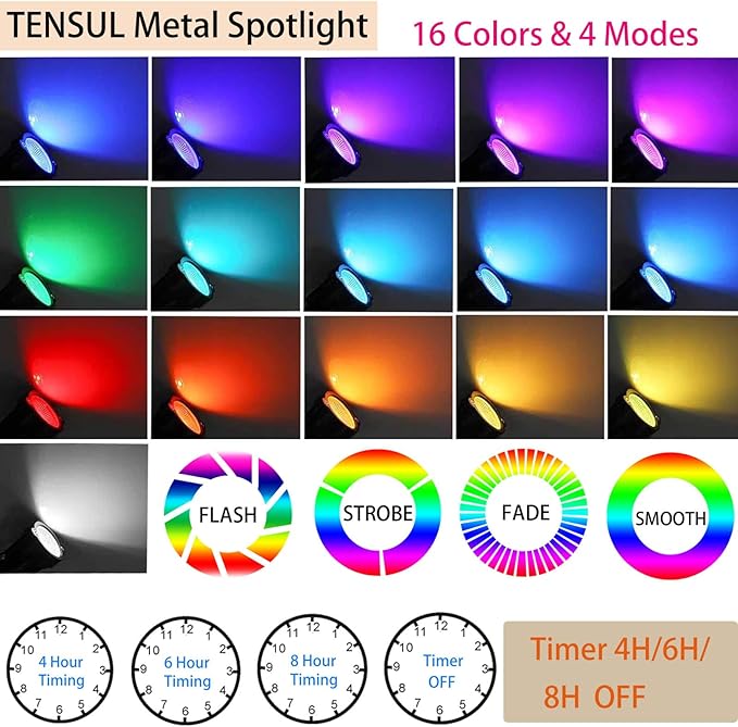 Christmas RGB Spot Lights with Timer, Halloween 10W 120V Color Changing Outdoor Metal Case Landscape SpotLights IP65 Waterproof Spotlight with Stake Stand for Yard Garden Lawn Patio, 4 Lights