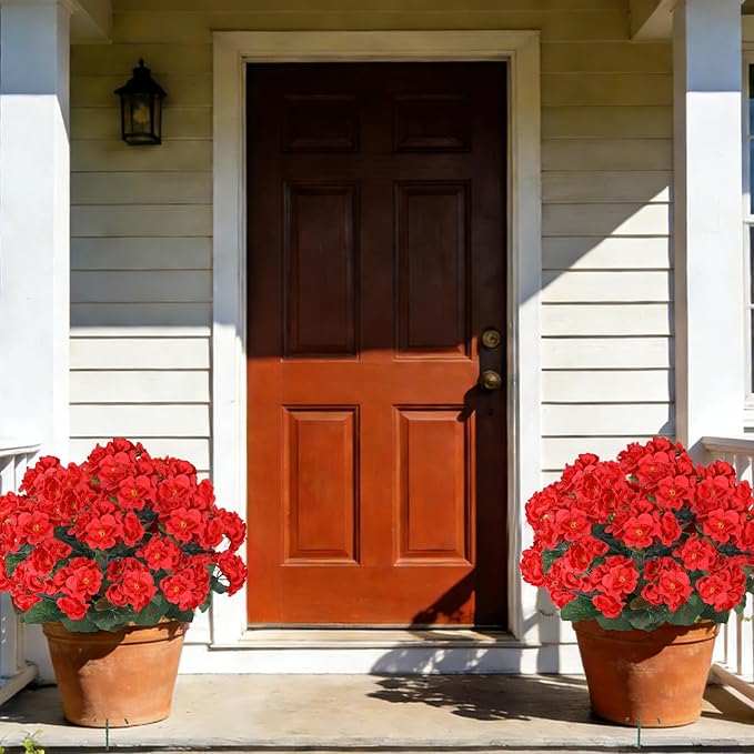 Artificial Flowers for Outdoors, 6 Bundles Realistic Silk Fake Red Geraniums, UV Resistant Faux Flowers for Planters, Hanging Baskets, Window Boxes, Porch, Patio Valentine's Day Decor
