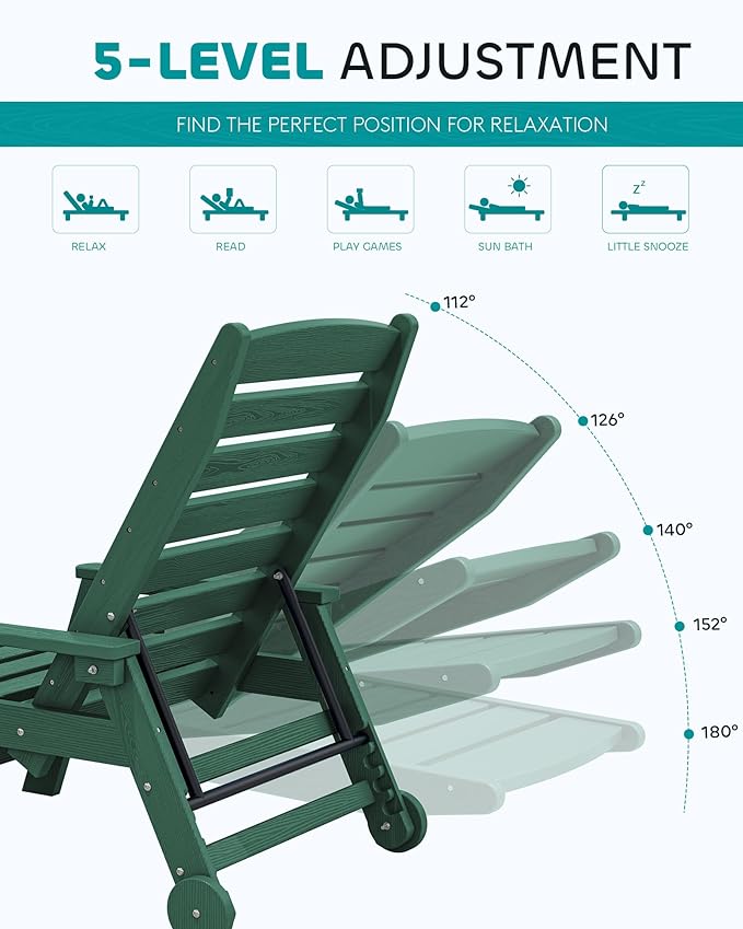 SERWALL Patio Chaise Lounge Chair, 78'' Long HDPE 5 Positions Adjustable Outdoor Lounger, Poly Lounge Chair with Rolling Wheels & Cup Holder for Pool, Dark Green