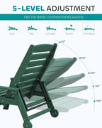 SERWALL Patio Chaise Lounge Chair, 78'' Long HDPE 5 Positions Adjustable Outdoor Lounger, Poly Lounge Chair with Rolling Wheels & Cup Holder for Pool, Dark Green