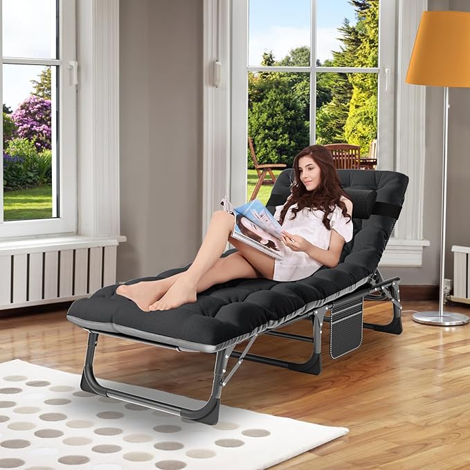ABORON 2PK Oversized Chaise Lounge Chair,5 Positions Padded Outdoor Tanning Chair,Heavy Duty Portable Chair for Sunbathing Patio Pool Lawn Deck Poolside,Support up to 440 Lbs, Deep Black-2 Set