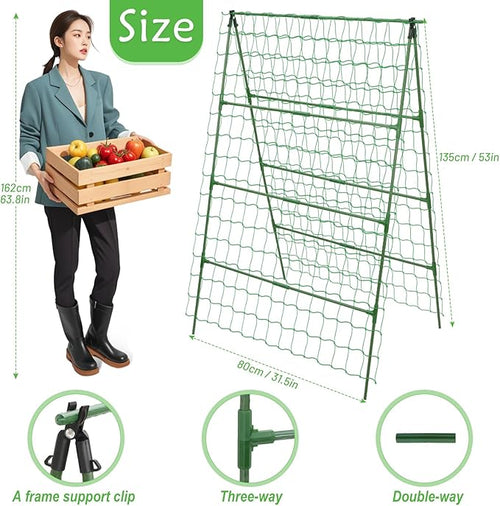 32 x 53 Inch Cucumber Trellis for Climbing Plants Outdoor A-Frame Garden Trellis for Raised Bed Detachable Sturdy Garden Plant Support Trellis for Small Plant Vegetable Flower Grape with Climbing Net