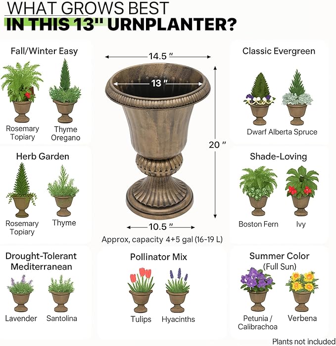 Magshion 20" Urn Planter for Outdoor and Indoor Plants, Large Decorative Front Porch Planter, Vintage Grecian Flower Pot for Patio, Garden & Entryway Décor, Antique Brass