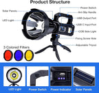 Solar Rechargeable Spotlight, 2,000,000L High Lumens Led Spot Lights Outdoor Handheld Super Bright Long Range Flashlight with 6 Modes, 3 Colored Filters, Tripod, USB C, IPX6 Waterproof for Fishing