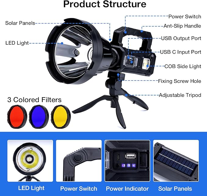 Solar Rechargeable Spotlight, 2,000,000L High Lumens Led Spot Lights Outdoor Handheld Super Bright Long Range Flashlight with 6 Modes, 3 Colored Filters, Tripod, USB C, IPX6 Waterproof for Fishing