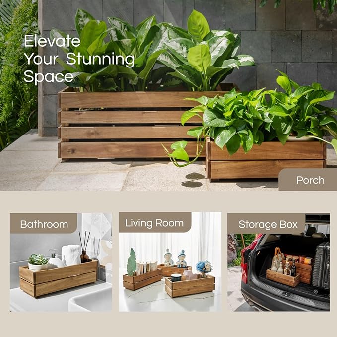 Wooden Planter Box, Storage Box 17”L x6”W x5.5”H with Crate Style, Acacia Wood Flower Container, Rustic Rectangle Planter for Planting, Decor and Storage - 3 Colors (Natural)