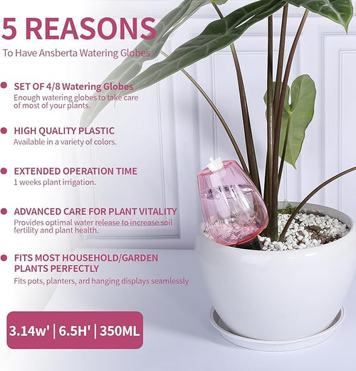 4 Pcs Plant Watering Globes Self Watering Planter Insert Plants Top Fill Water Device Plastic Water Bulbs Slow Release Terracotta for Plants, Pink