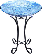 MUMTOP Outdoor Glass Bird Baths with Metal Stand for Lawn Yard Garden Decor | 18 Inch Diameter 21.65 Inch Height Outdoor Large Glass Bird Bath Bowl with Freestanding for Backyard Garden Decoration