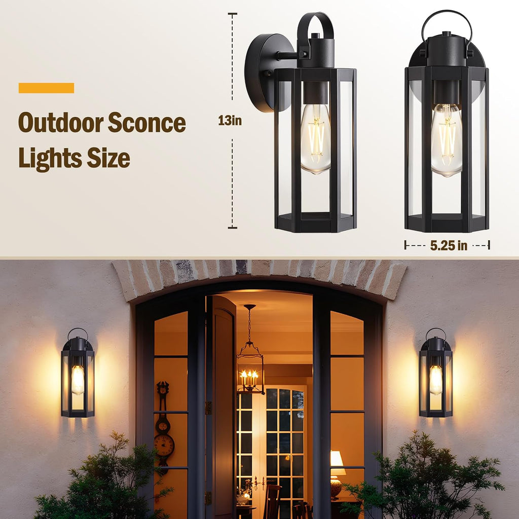 EJIAXIN 2 Pack Exterior Lighting Fixtures, 13" Black Outdoor Wall Light | Clear Glass Shades, Waterproof Metal Construction,Rust-resistant, Easy Installation,Standard E26 Socket, for Patio Garage