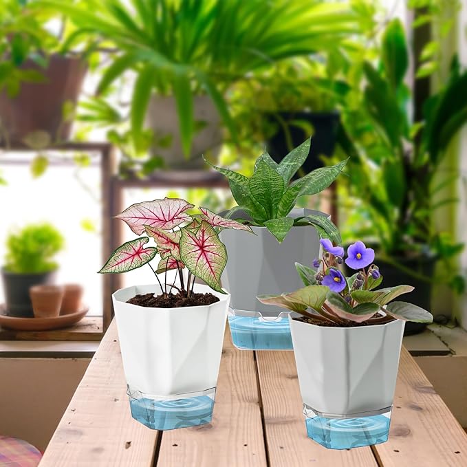 3 Pack Self Watering Planter Pots, 4.9 Inch African Violet Pots for Indoor Outdoor Windowsill Gardens, Plant Pot with Wick Rope and Reservoir