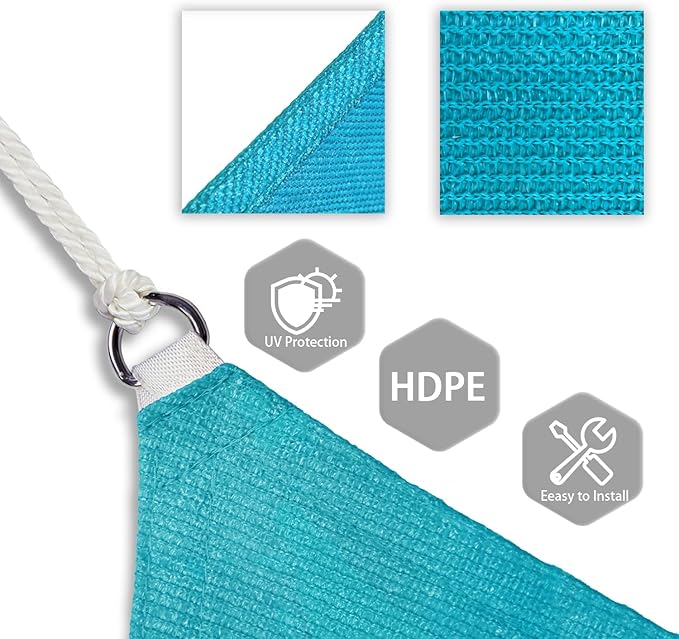 Patio Paradise 13' x 13' x 13' Sun Shade Sail Triangle Canopy Shade Cloth Fabric Sunlight Block Patio Pergola Cover HDPE Deck Awning for Outdoor Backyard Roof Shading, Turquoise