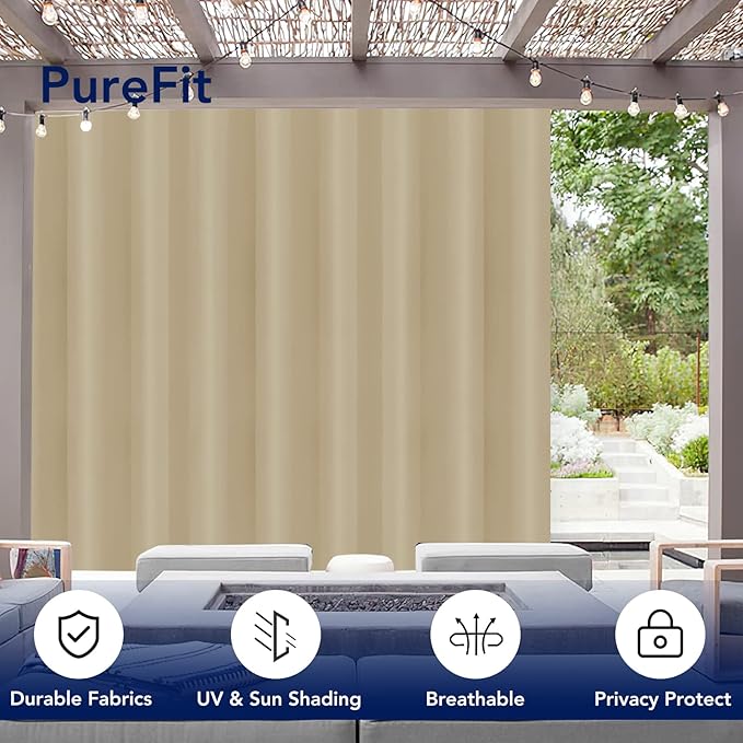 PureFit Outdoor Curtains for Patio Waterproof Weatherproof, UV Resistant Outside Curtains for Gazebo, Front Porch, Pergola, Sun Blocking Privacy Curtain, 150W x 95L inch, 1 Panel, Beige