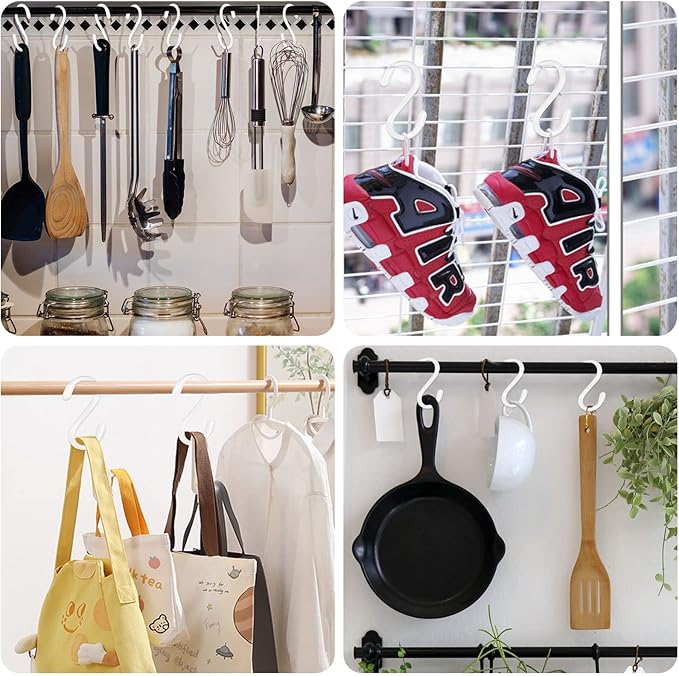 20 Pack Vinyl Coated S Hooks for Hanging,Heavy Duty S Hook for Hanging Plants,Non Slip 3 Inch Closet S Hooks,Steel Metal White Vinyl Coated Small Hook for Jeans Pots and Pans Coffee Cups
