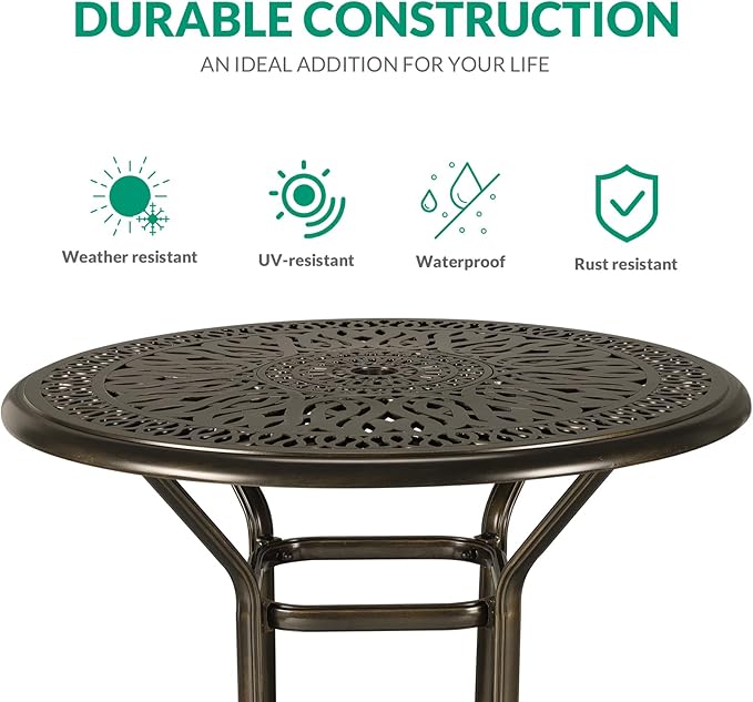 VIVIJASON 5-Piece Patio Swivel Bar Stools Set, All Weather Outdoor Cast Aluminum Bar Height Bistro Set with 4 Cushioned Bar Chairs & 35.4" High Bar Table w/Umbrella Hole for Backyard, Lawn, Garden