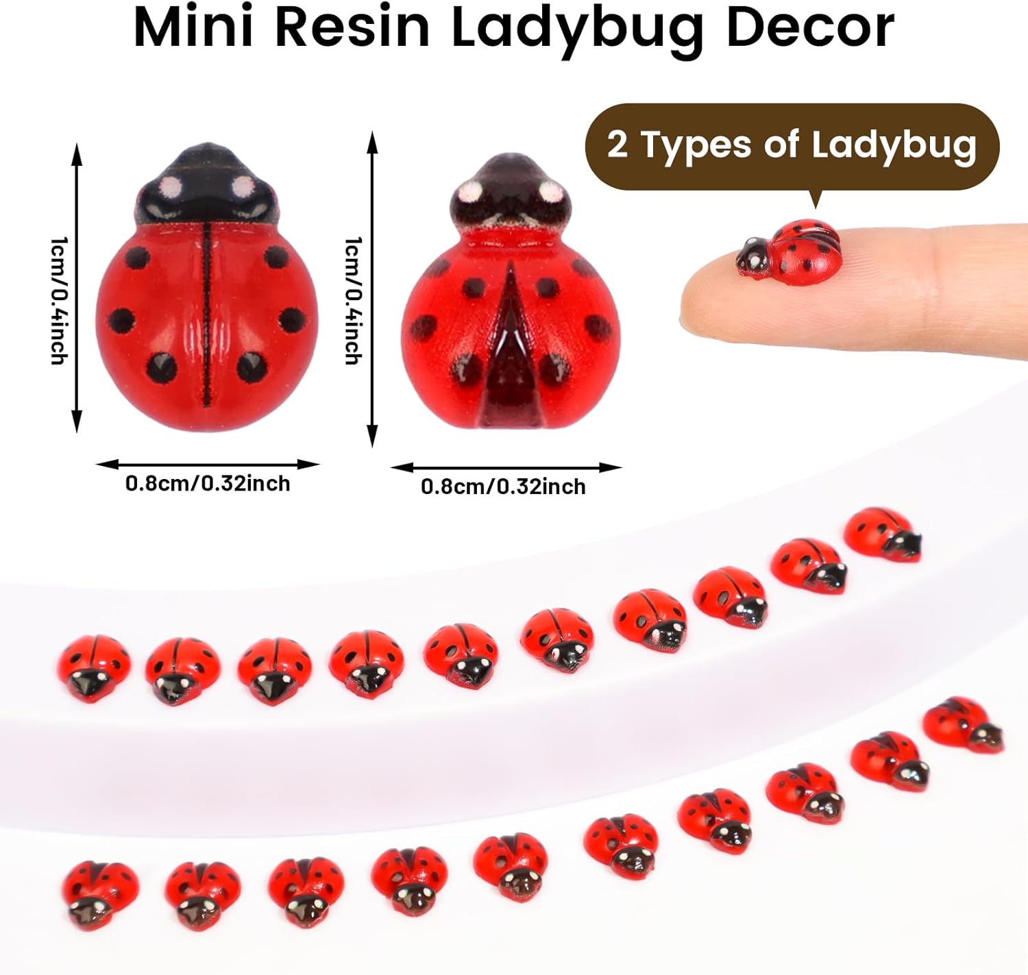 300pcs Mini Resin Ladybug Decor Tiny Ladybug for Crafts Dollhouse Miniatures Mini Resin Things Animals for Fairy Garden Micro Landscaping Home Decoration, 3 Types(0.32*0.4inch & 0.3*0.36inch)