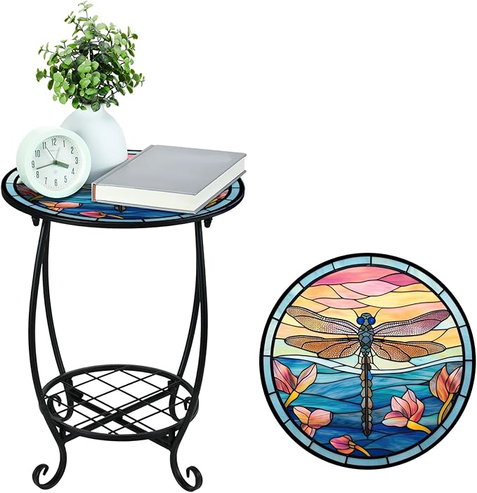 Outdoor Side Table Round Small Mosaic Patio Accent Indoor End Plant Coffee Tea Table for Yard Patio Porch Garden Living Room, Bedroom(Dragonfly Style,14 Inch)