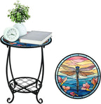 Outdoor Side Table Round Small Mosaic Patio Accent Indoor End Plant Coffee Tea Table for Yard Patio Porch Garden Living Room, Bedroom(Dragonfly Style,14 Inch)