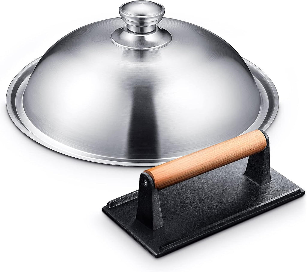 Griddle Accessories Kit for Blackstone with Dome and Burger Press | Includes a 12.5 inch 304 stainless steel dome and rectangular cast iron press for burgers, bacon, steaks, and vegetables.