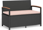 Tangkula 46 Gallon Outdoor Bench with Storage, Outdoor PE Rattan Storage Bench with Cushion, Backrest & Acacia Wood Armrests, Metal Frame, Waterproof Deck Box Seat for Porch Backyard Poolside
