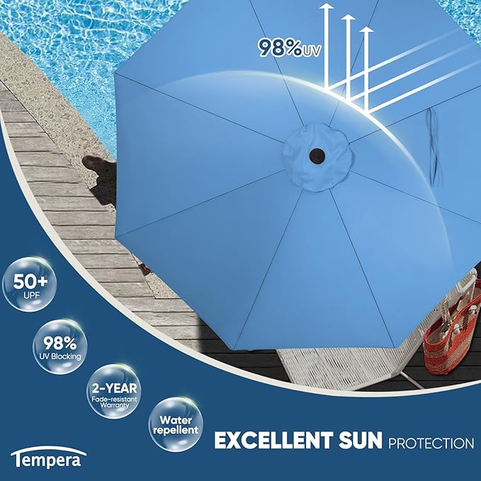 Tempera Patio Market Outdoor Table Umbrella with Auto Tilt and Crank, Large Sun Umbrella with Sturdy Pole & Fade Resistant Canopy, Easy to Set