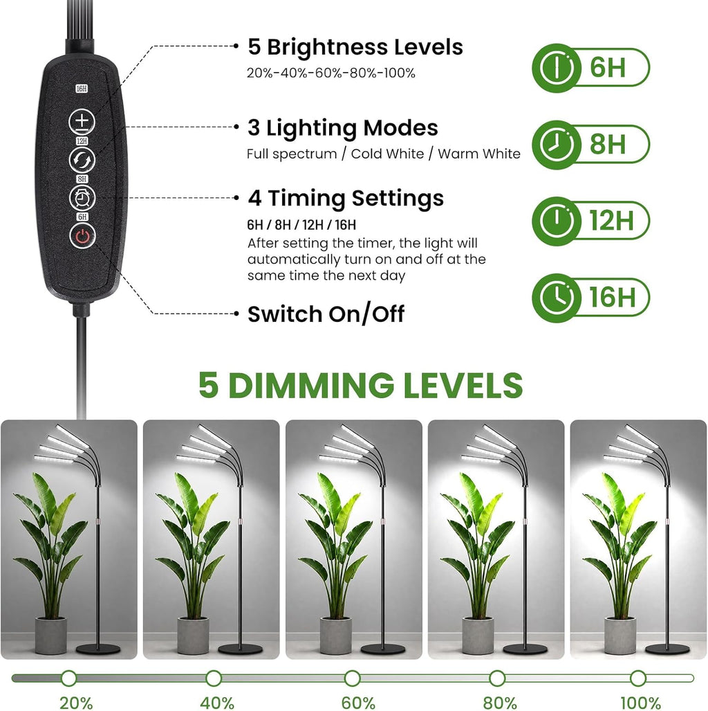 LBW Grow Lights for Indoor Plants, 75" Tall Full Spectrum Plant Grow Light | 228 LEDs Full Spectrum Grow Light with Stand, 6/8/12/16H Timer, 3 Color Modes, 360°Flexible Gooseneck, 4 Heads, Black
