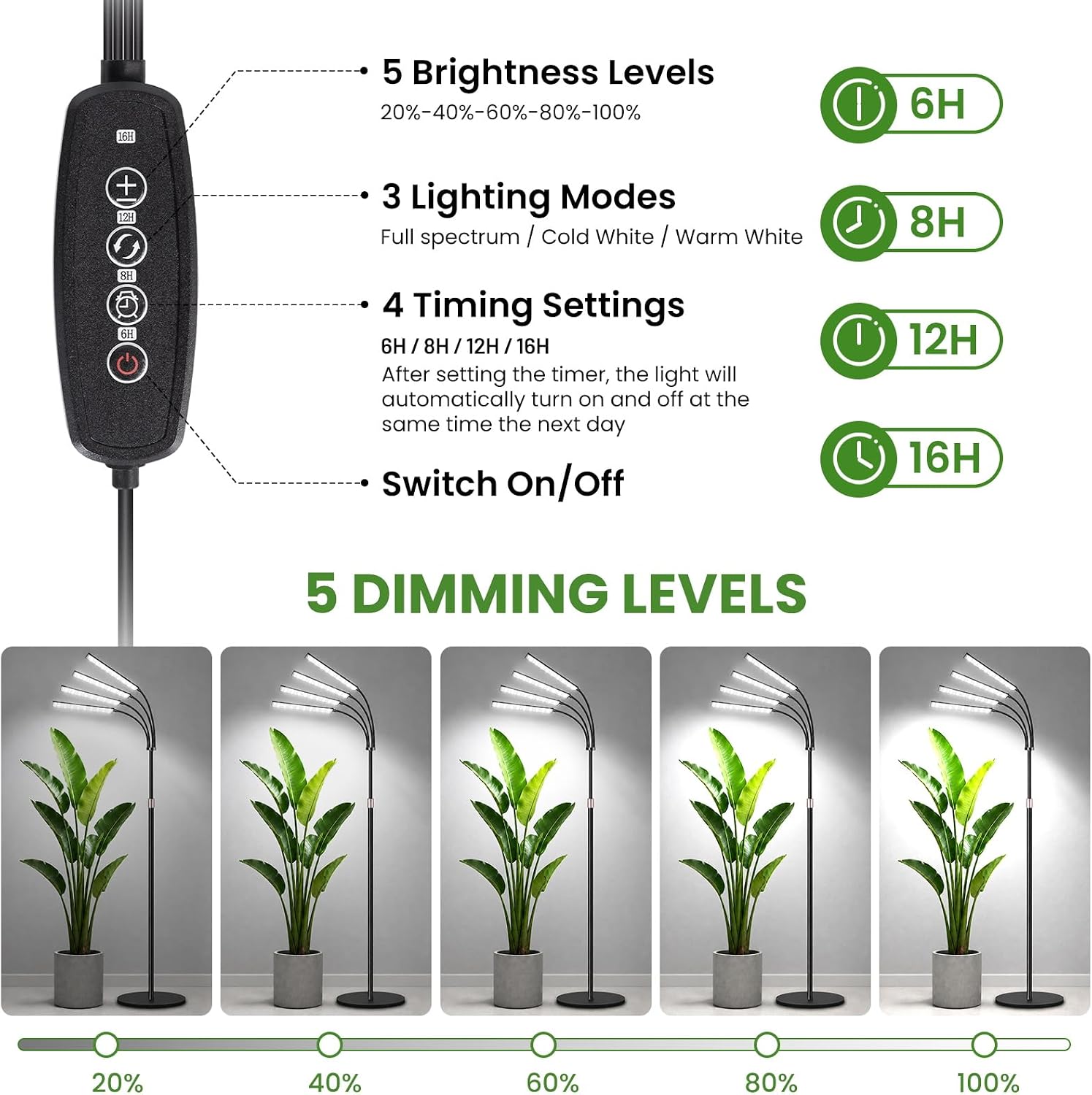 LBW Grow Lights for Indoor Plants, 75" Tall Full Spectrum Plant Grow Light | 228 LEDs Full Spectrum Grow Light with Stand, 6/8/12/16H Timer, 3 Color Modes, 360°Flexible Gooseneck, 4 Heads, Black