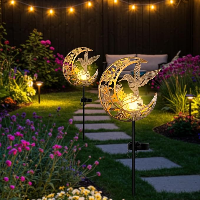 Solar Hummingbird Lights Outdoor Decor - Moon & Bird SolaGardenLights Waterproof, Auto On/Off Pathway Lighting for Yard/Lawn/Patio, Handcrafted Metal Solar-Stake-Lights for Outside Decorations
