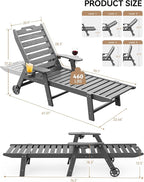 Carauci Lounge Chair Outdoor, HDPE Chaise Lounge with Wheels, 5-Position Adjustable Backrest & 2 Cup Holders Patio Lounge Chair, All-Weather Pool Sun Lounger for Poolside, Backyard, Grey