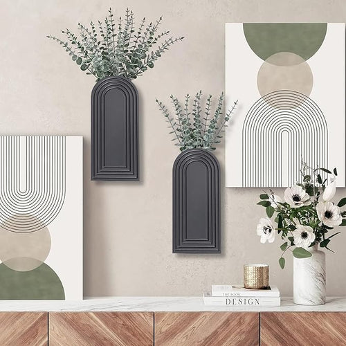 2 Pack Wooden Wall Vase Set - Black Finish Modern Farmhouse & Boho Wall Decor for Entryway, Hallway, Bathroom, Living Room, Dining Room, Narrow Spaces
