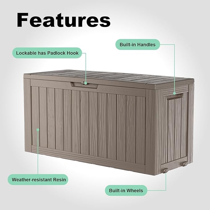EasyUp 90 Gallon Outdoor Deck Box Waterproof, UV Resistant Resin Outdoor Storage Box for Delivery, Porch, Patio and Garden, Gray
