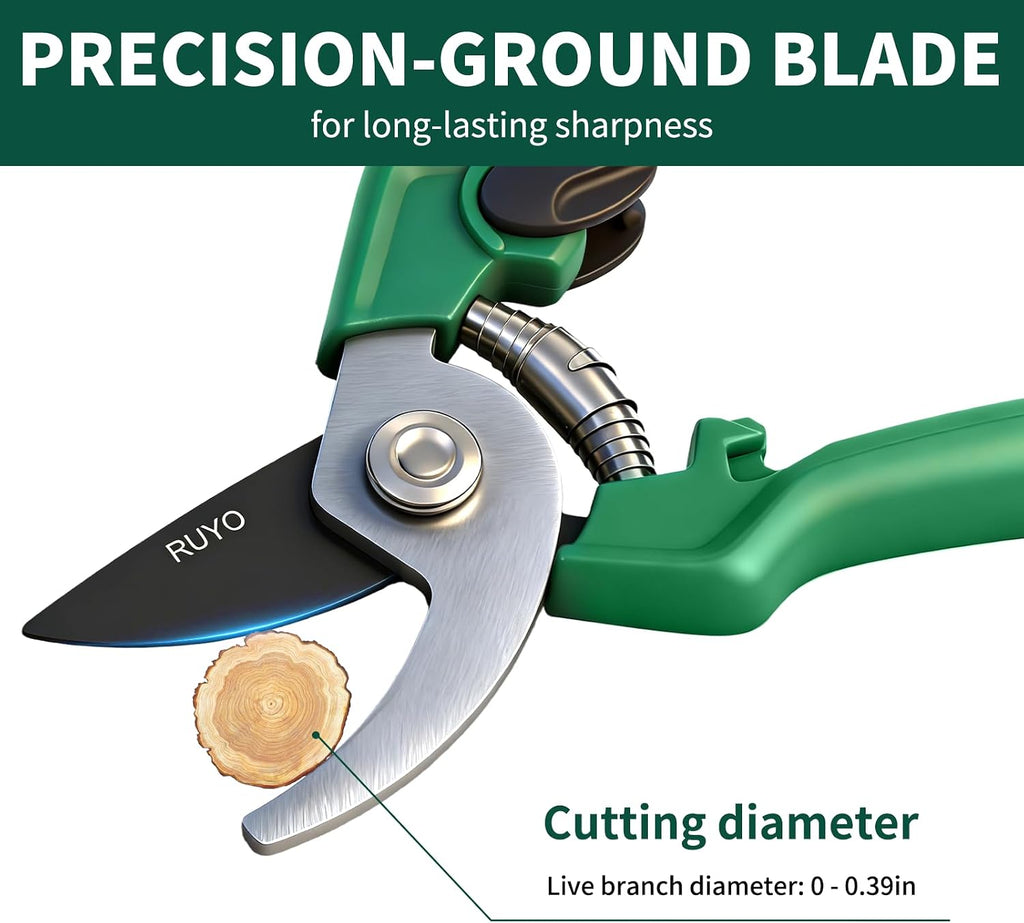 Bypass Pruning Shears, 3/8-Inch Cut Capacity Garden Clippers, Gardening Scissors with Sharp, Rust Resistant Steel Blade (Green, 3/8'')