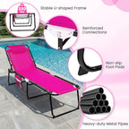 GYMAX Lounge Chairs for Outside, Extra High Folding Beach Tanning Lounger with 4-Level Adjustable Backrest, 2-Level Footrest & Removable Pillow, Sunbathing Lounge for Patio, Lawn, Poolside (1, Pink)