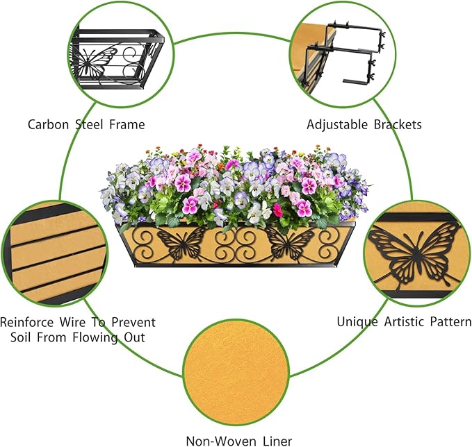 4 Pack 24 Inch Window Boxes Planters Railing Planter Box with Adjustable Brackets for Porch Fence Patio Balcony Hanging Flower Baskets with Woven Fabric for Outdoor Garden Decor - Black