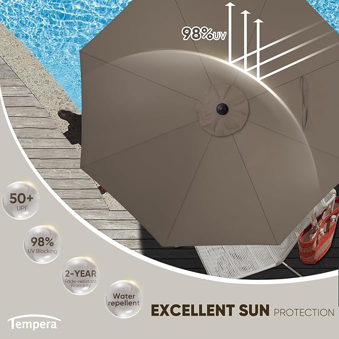 Tempera Patio Market Outdoor Table Umbrella with Auto Tilt and Crank, Large Sun Umbrella with Sturdy Pole & Fade Resistant Canopy, Easy to Set